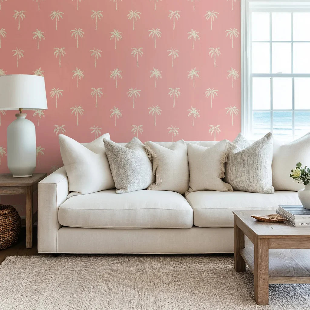 Minimalist palm tree wallpaper in soft pink and cream tones with a peel-and-stick backing