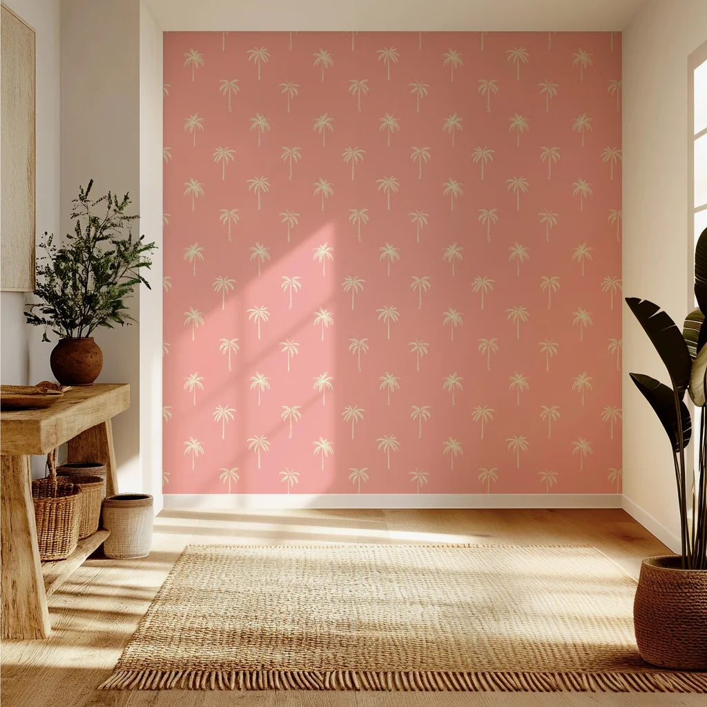 Minimalist palm tree wallpaper in shades of pink and cream with a peel and stick application