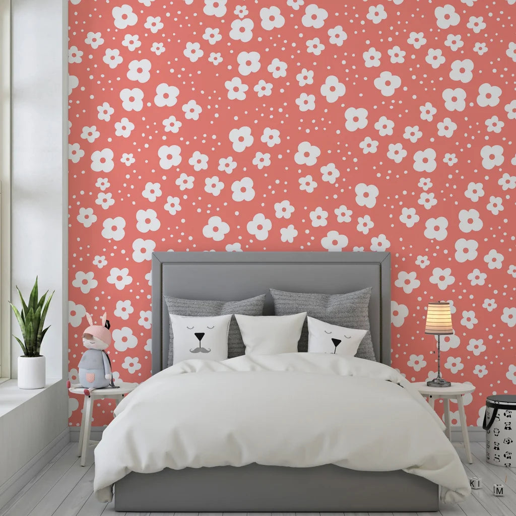 Petite rose-toned flower patterns on a sleek blush background self-adhesive wall covering - Coral Cascade