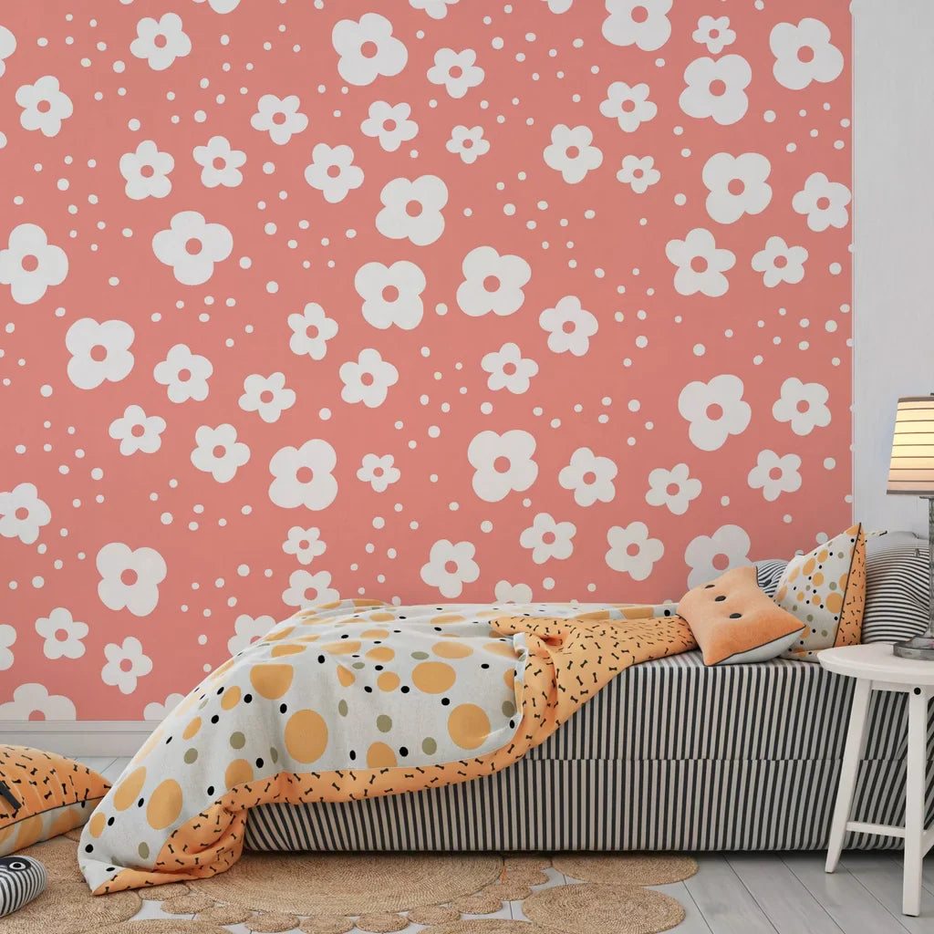 Minimalist salmon pink botanical print with a fine-textured matte finish for walls - Coral Cascade
