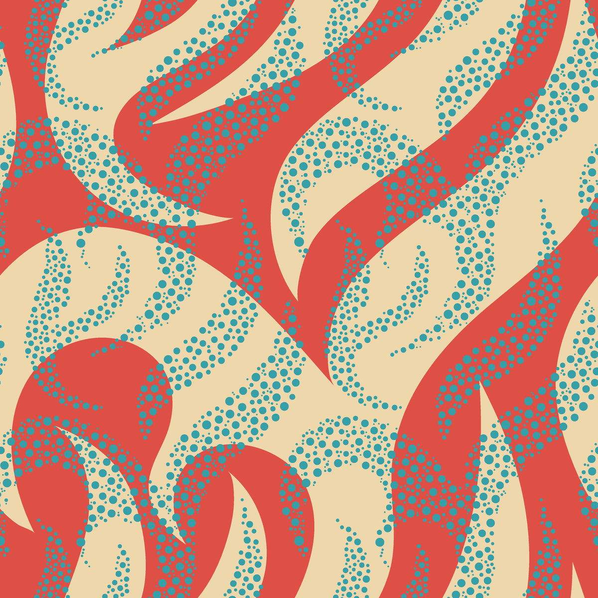 A modern wall covering featuring flowing wave patterns composed of tiny coral and blue dots.