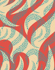 A modern wall covering featuring flowing wave patterns composed of tiny coral and blue dots.
