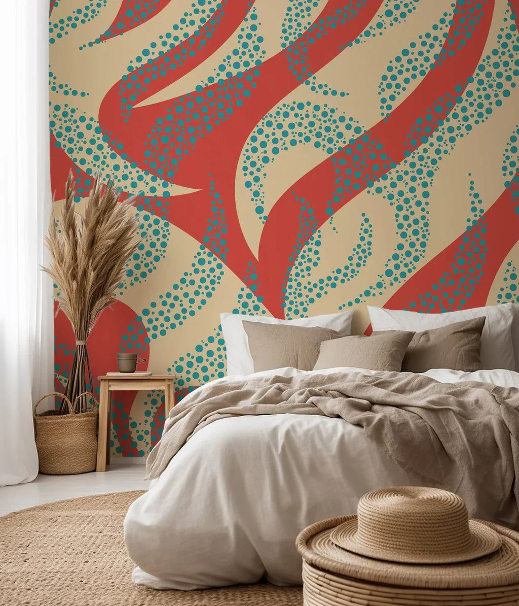 Abstract wavy pattern in shades of coral and blue with a dotted texture on peel and stick wallpaper