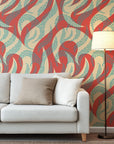 Abstract wallpaper featuring coral and blue waves formed by small dots