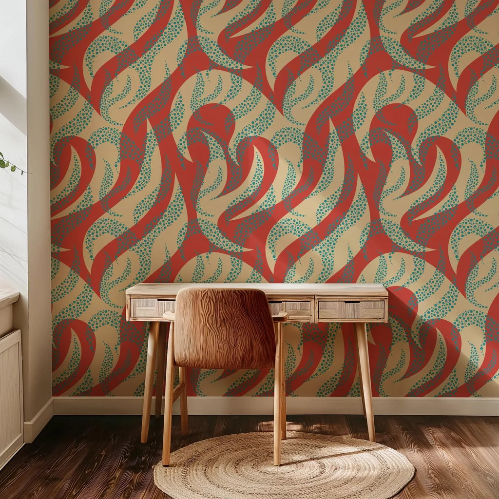 Dotted wave pattern in coral and blue colors on removable peel and stick wallpaper