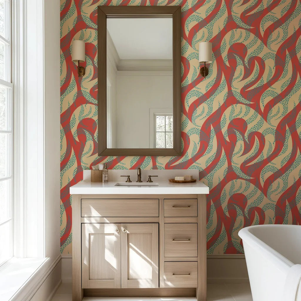 Abstract wavy pattern with coral and blue dots on removable peel and stick wallpaper