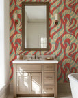 Abstract wavy pattern with coral and blue dots on removable peel and stick wallpaper