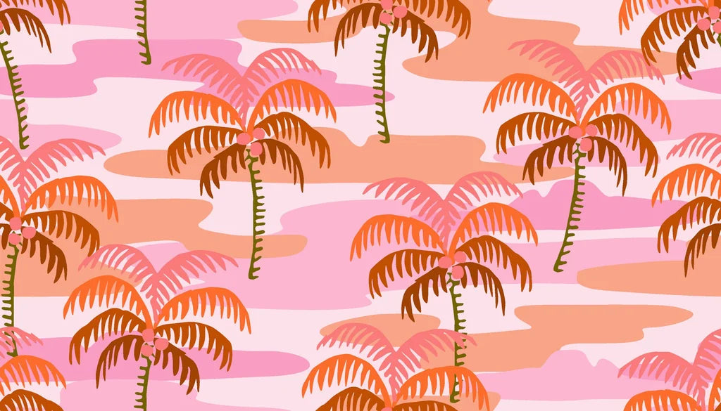 Vintage-style pink and orange wallpaper featuring a wavy palm leaf pattern with peel and stick backing.