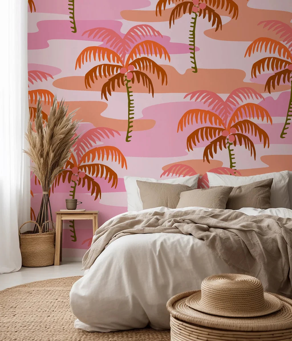 Pink and orange retro palm leaves pattern on peel and stick wallpaper