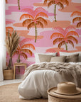 Pink and orange retro palm leaves pattern on peel and stick wallpaper