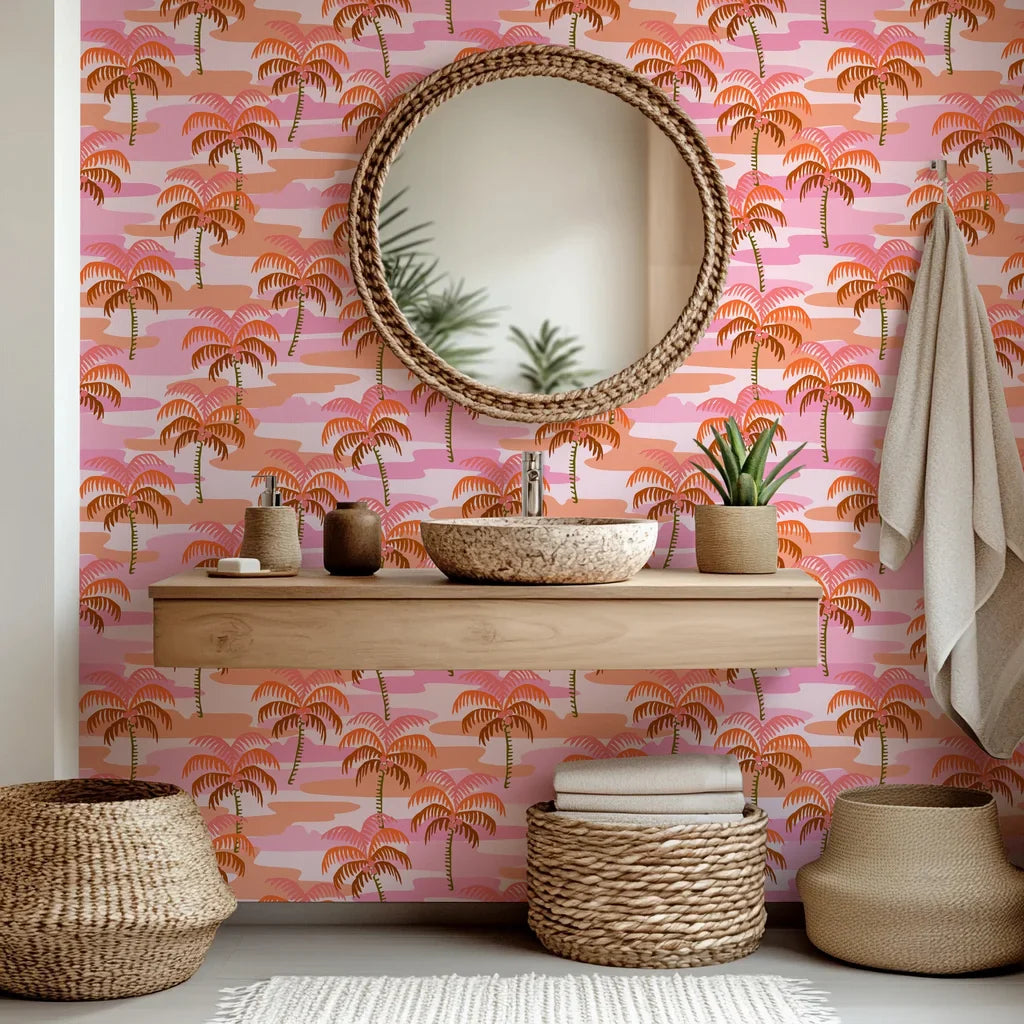 Vintage-inspired wallpaper with wavy palm fronds in shades of pink and orange