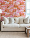 Pink and orange retro wavy palm pattern on peel and stick wallpaper