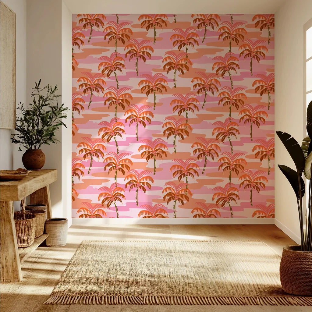 Vintage-style pink and orange wavy palm leaf removable wallpaper