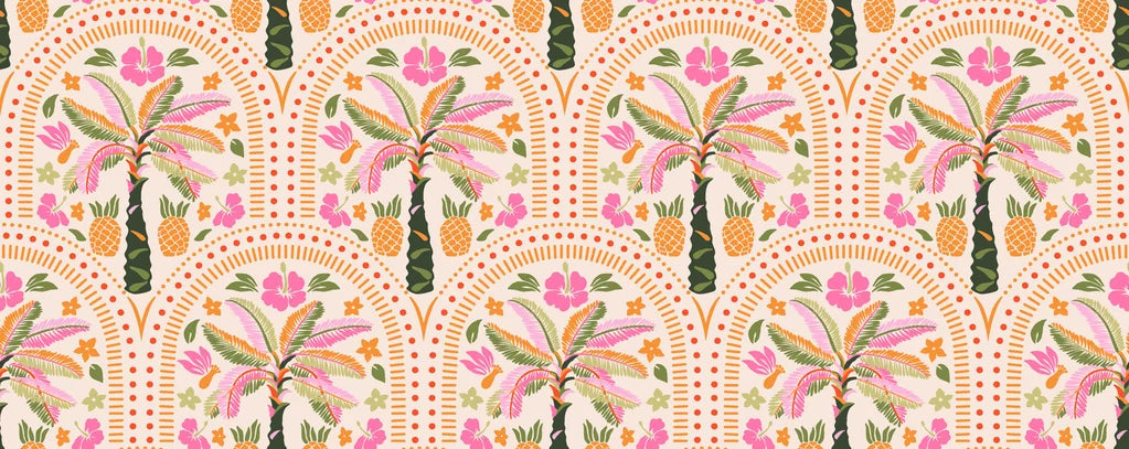Vibrant bohemian wallpaper featuring tropical palm fronds and pineapples within an arched pattern