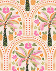 Vibrant bohemian wallpaper featuring tropical palm fronds and pineapples within an arched pattern