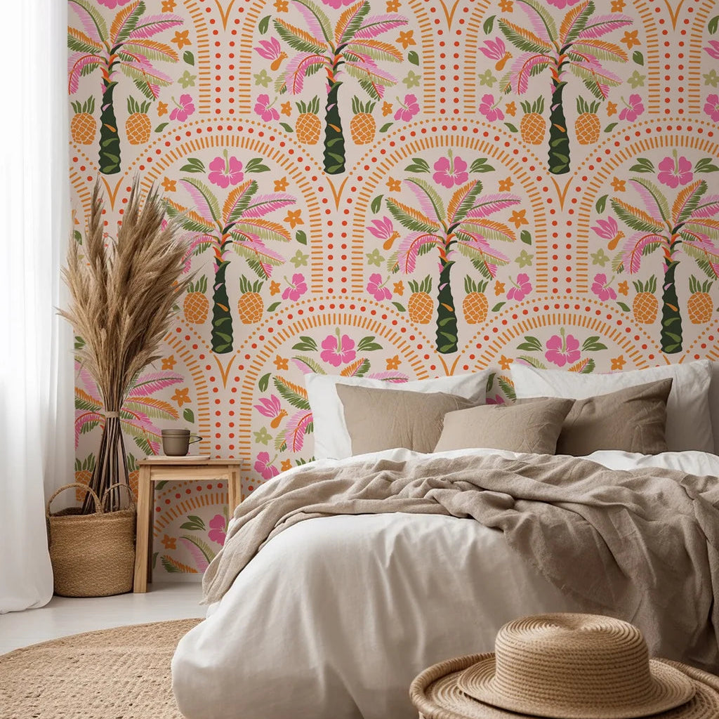 Vibrant bohemian wallpaper featuring tropical palms and pineapples within arched frames
