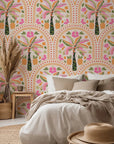 Vibrant bohemian wallpaper featuring tropical palms and pineapples within arched frames