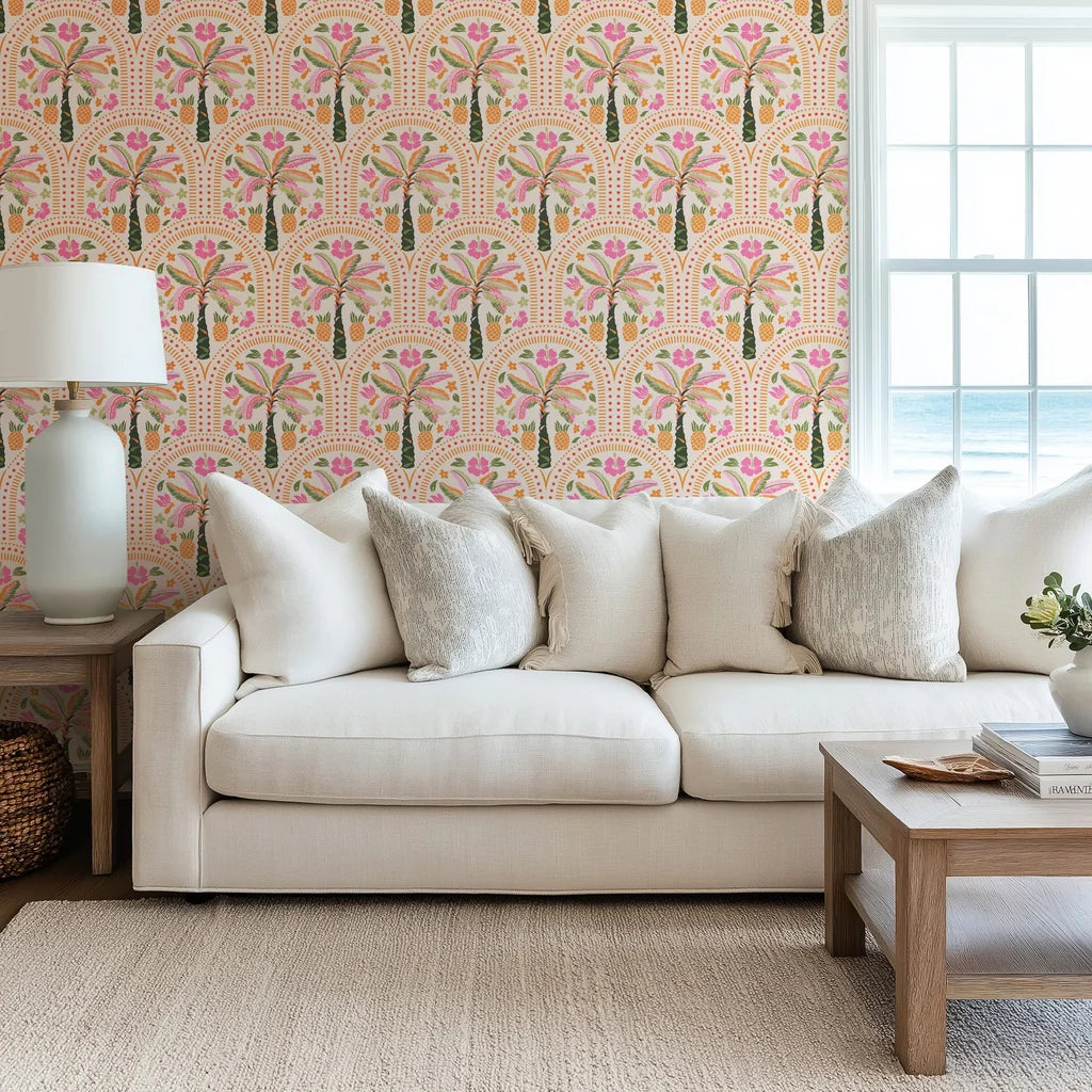 Vibrant bohemian wallpaper featuring tropical pineapples and palm leaves inside arch patterns