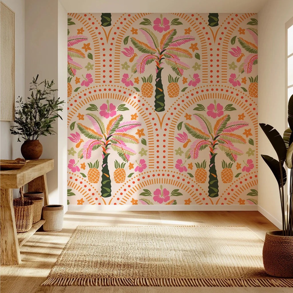 Vibrant bohemian wallpaper featuring tropical palm fronds and pineapple patterns within arched frames