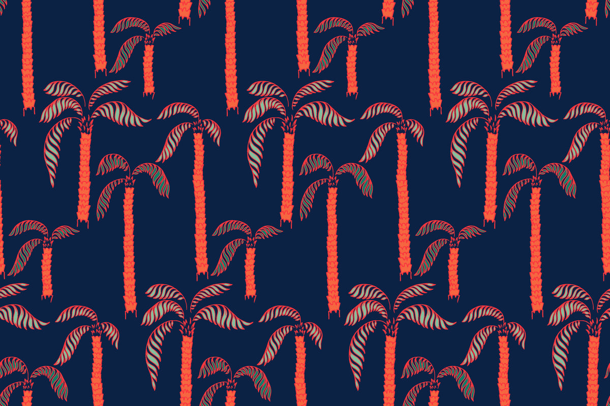 Deep blue wallpaper adorned with vibrant coral palm trees. Tropical 'Coral Sway' design