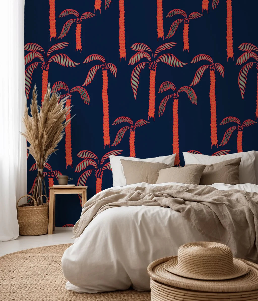 Navy blue tropical wallpaper featuring neon coral palm trees - Coral Sway
