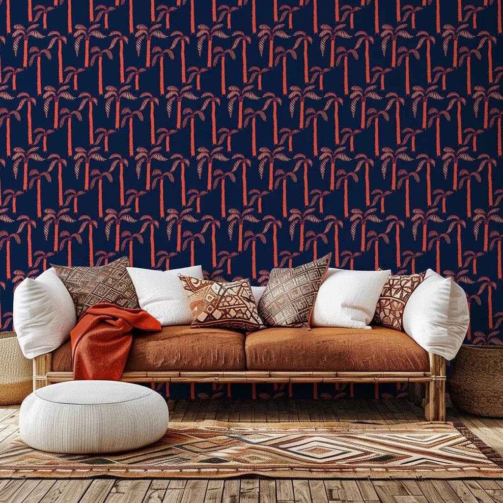 Deep blue tropical wall covering accented by vibrant coral palm silhouettes, named Coral Sway