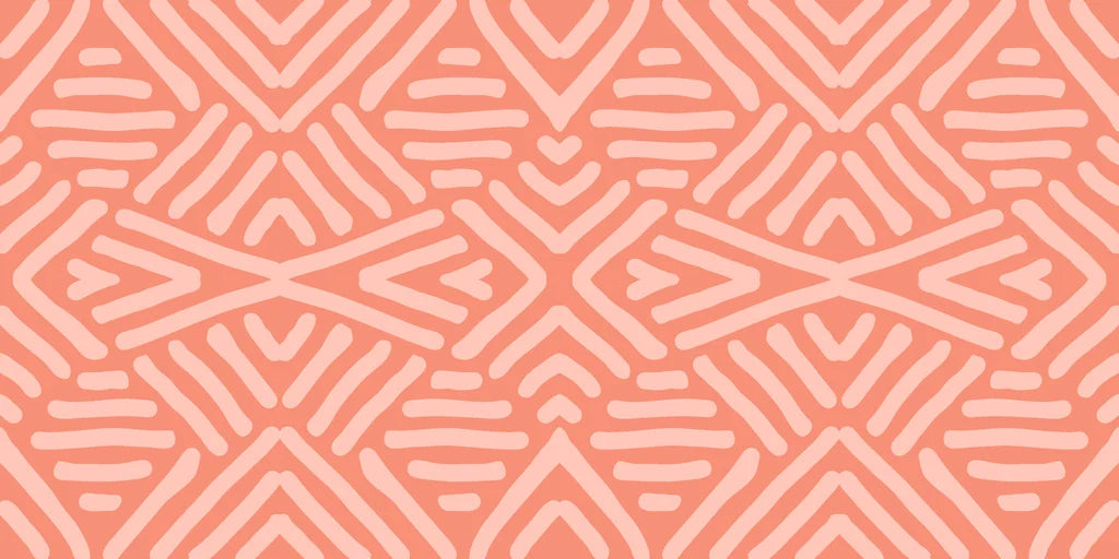 A soft, symmetrical abstract pattern in coral wallpaper, built from hand-sketched geometric line patterns