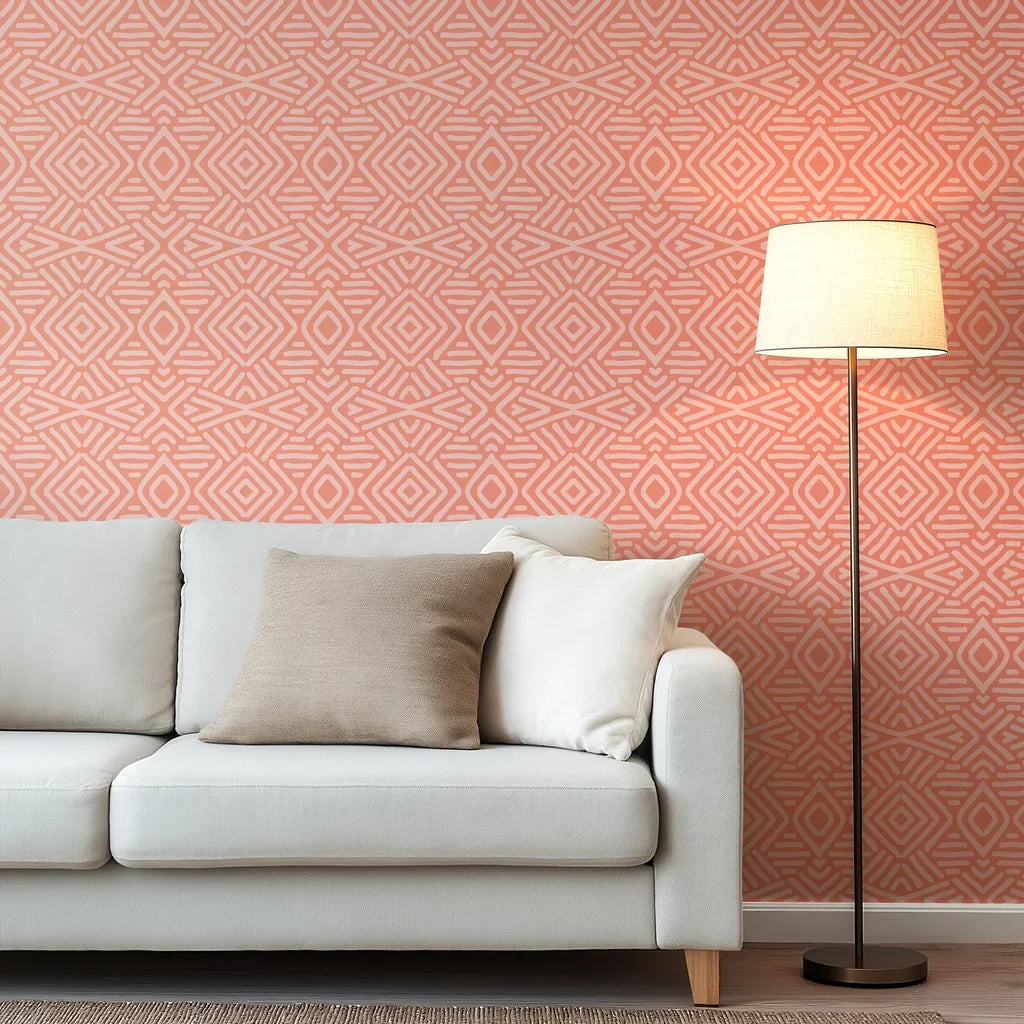 A blush-toned, highly symmetrical wall pattern, characterized by delicate, hand-sketched geometric forms creating an abstract texture