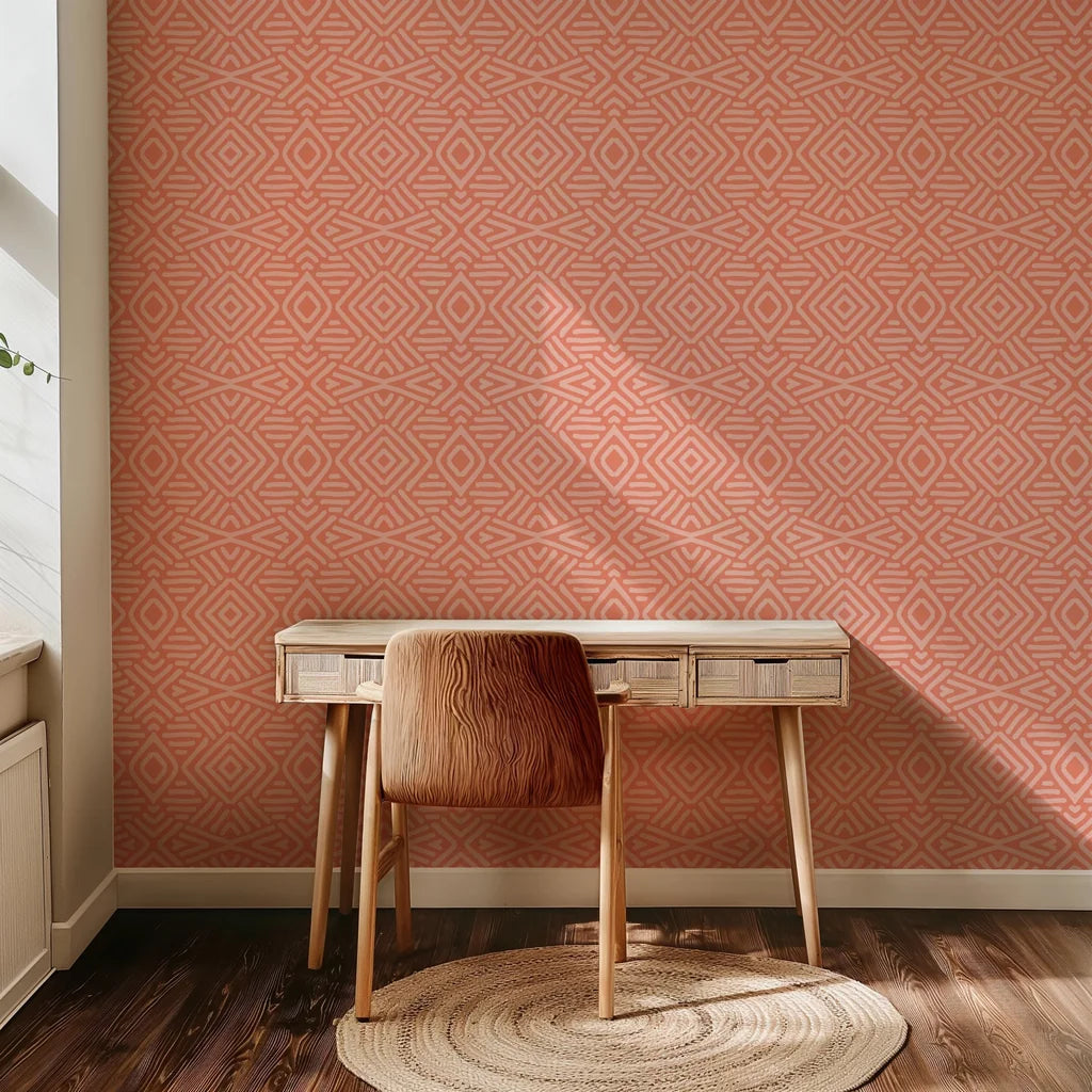 Wallpaper surface featuring a balanced, soft, and abstract composition of coral, sketched lines in a geometric formation
