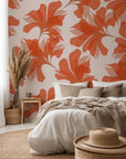 Transparent orange and coral foliage on abstract floral wallpaper – Coral Whispers design.