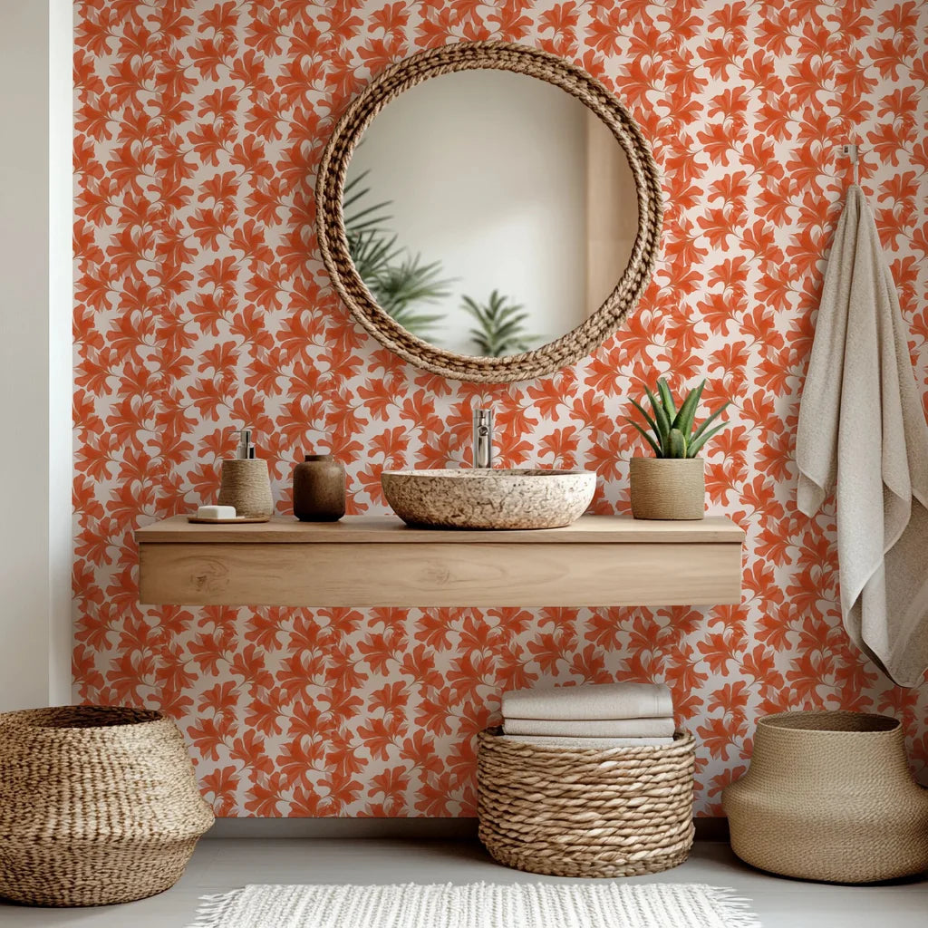 Transparent orange and coral leaves create the pattern on this abstract floral wallpaper, named Coral Whispers