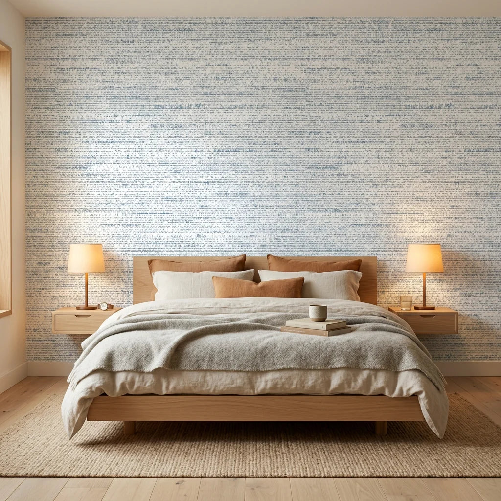 Cornflower Dash blue abstract texture wallpaper in a warm and inviting living room