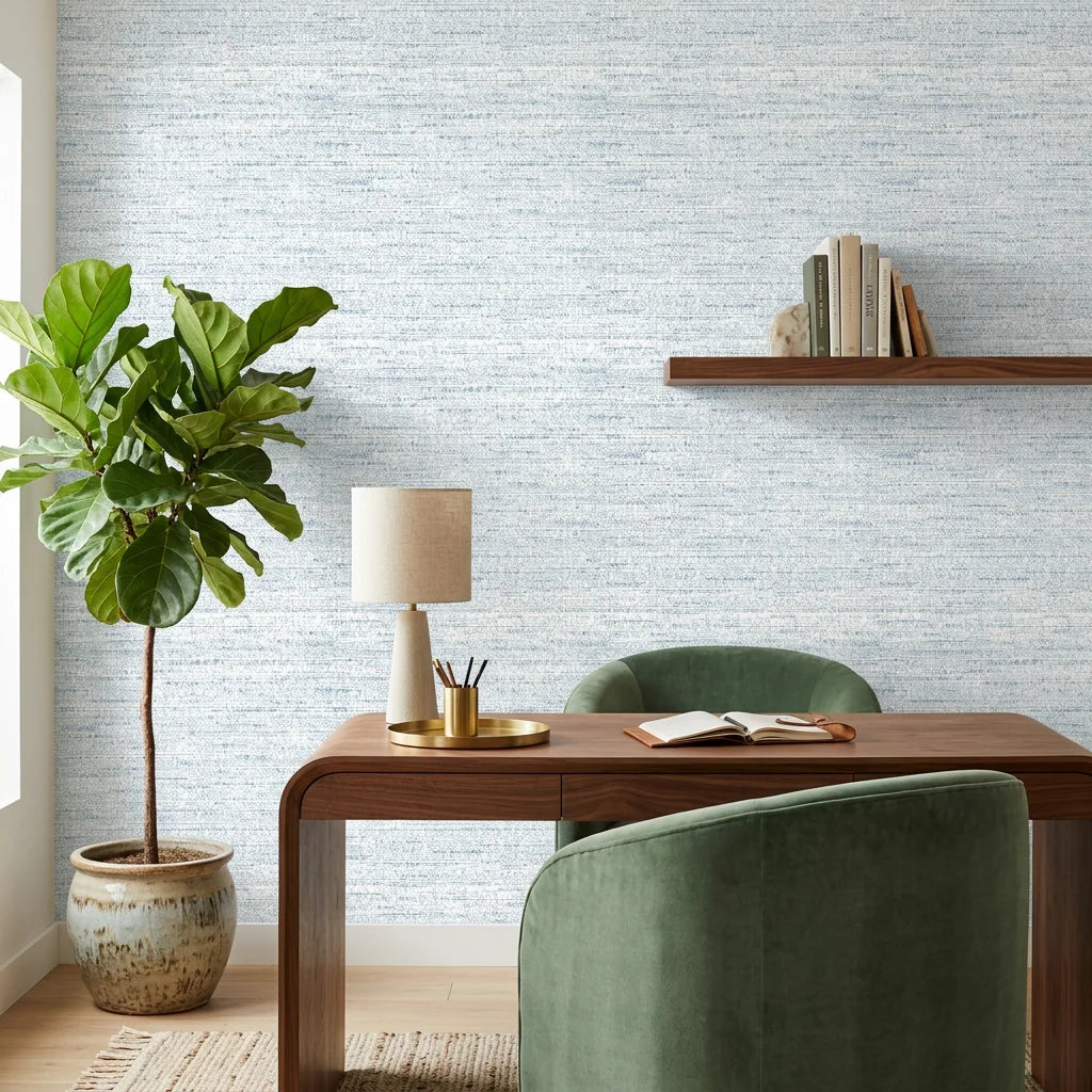 Cornflower Dash blue abstract texture wallpaper adding character to a cozy bedroom