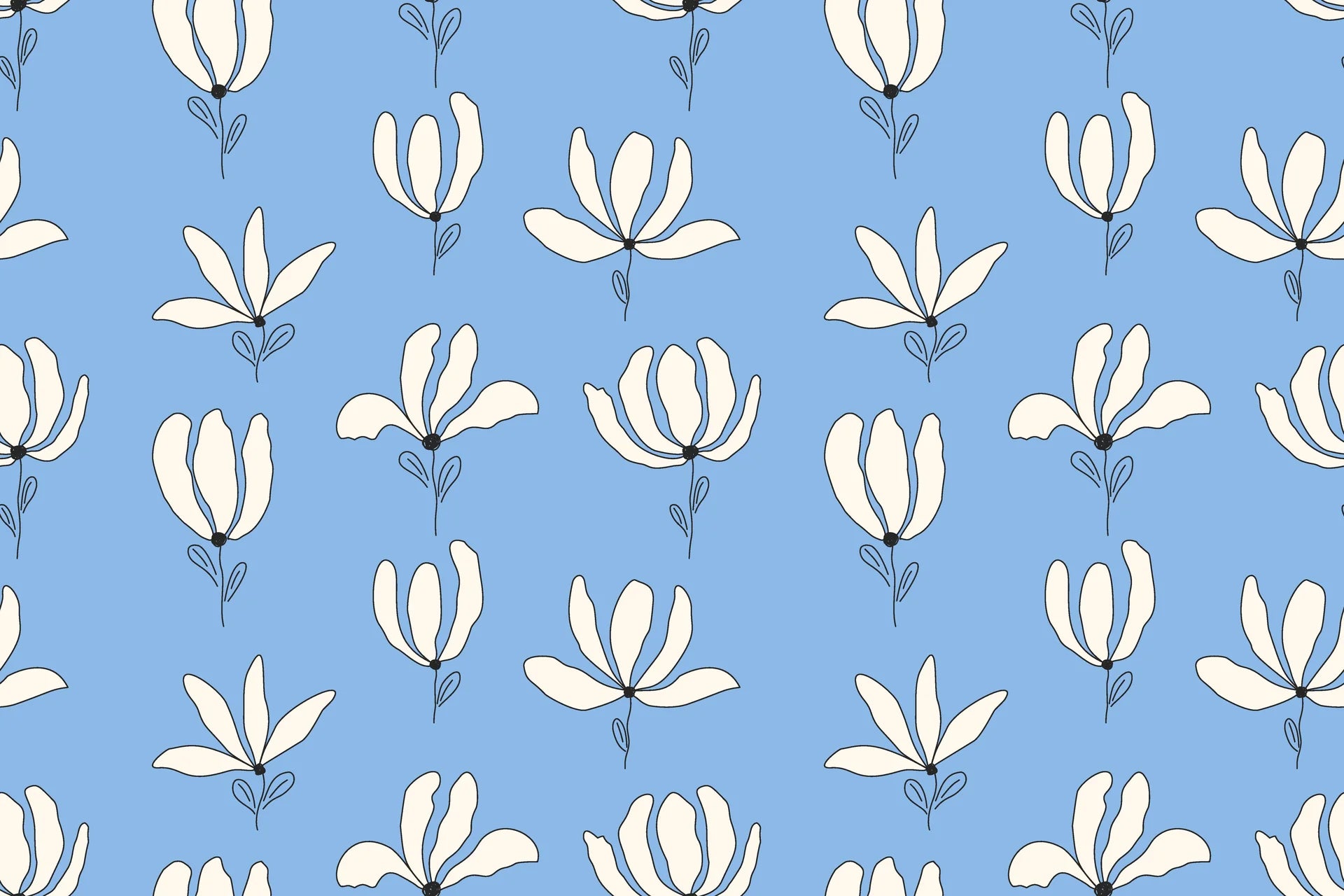 Smooth cornflower blue floral line art peel and stick wallpaper - Cornflower Garden