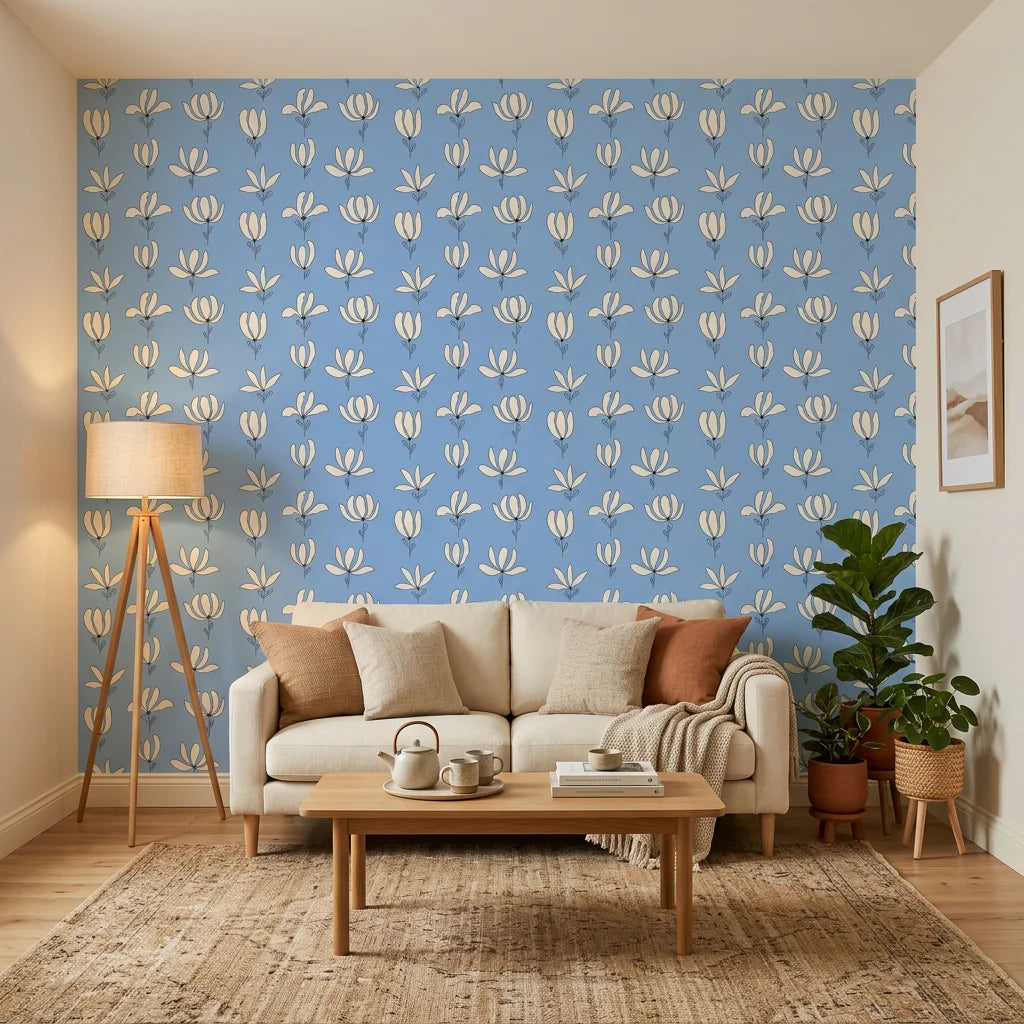 Cornflower Garden cornflower blue floral in a warm and inviting living room