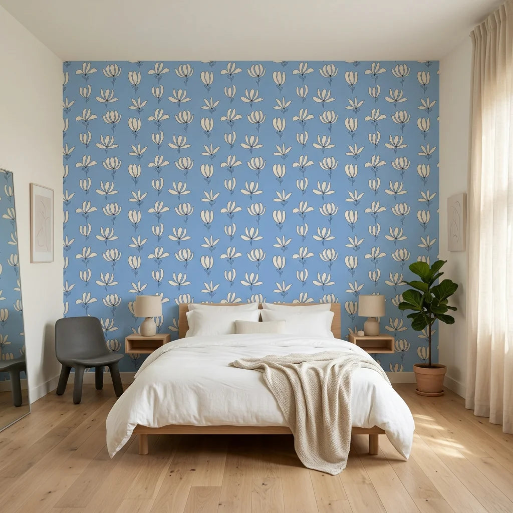 Cornflower Garden cornflower blue floral adding character to a cozy bedroom