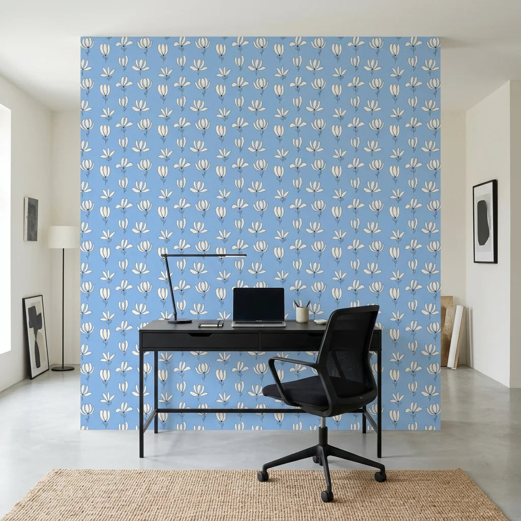 Cornflower Garden cornflower blue floral as a feature wall in a bright home office