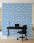 Cornflower Garden cornflower blue floral as a feature wall in a bright home office