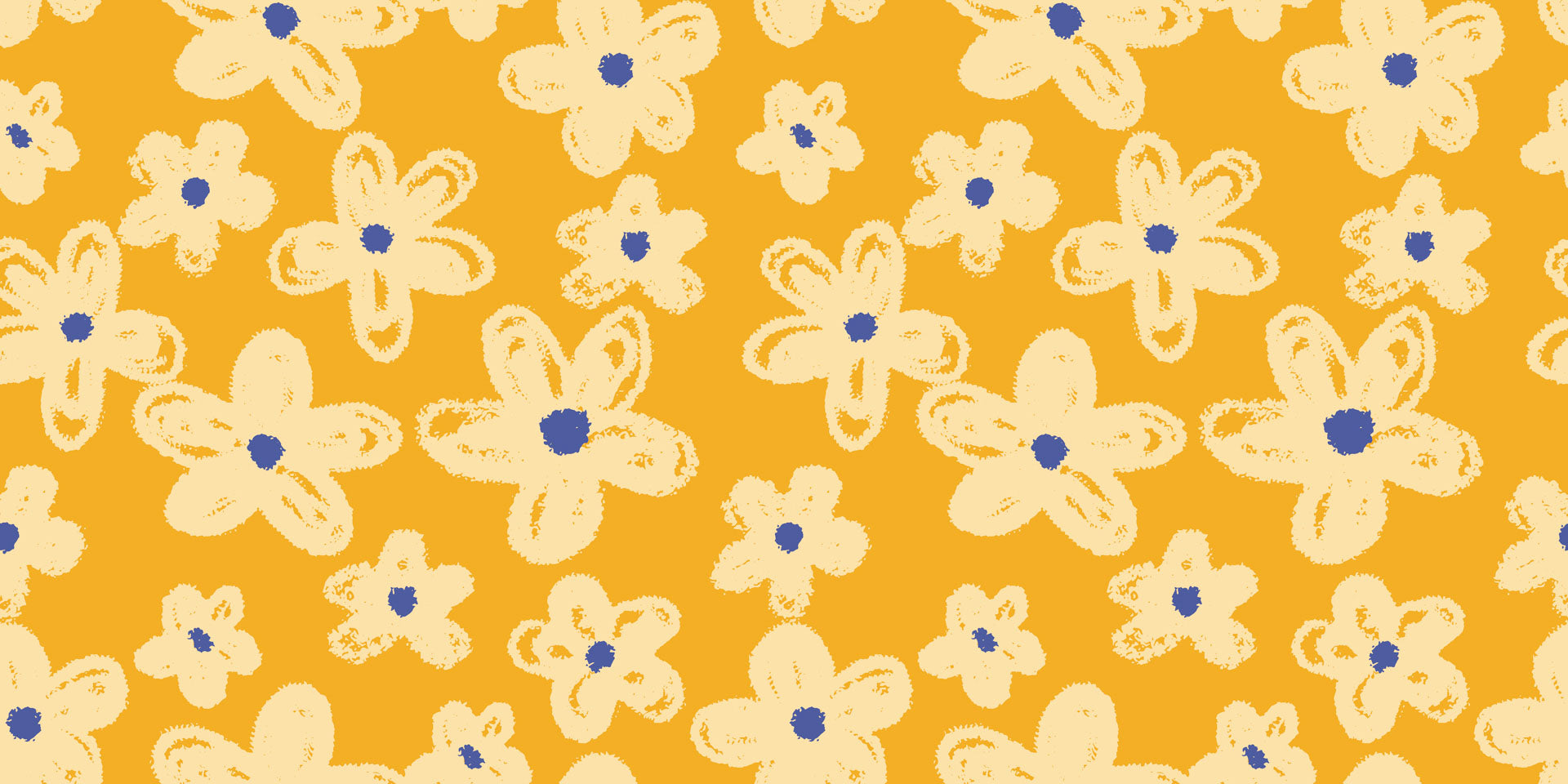 Cheerful ochre wallcovering featuring an outlined floral design in cream, known as Cosmic Bloom
