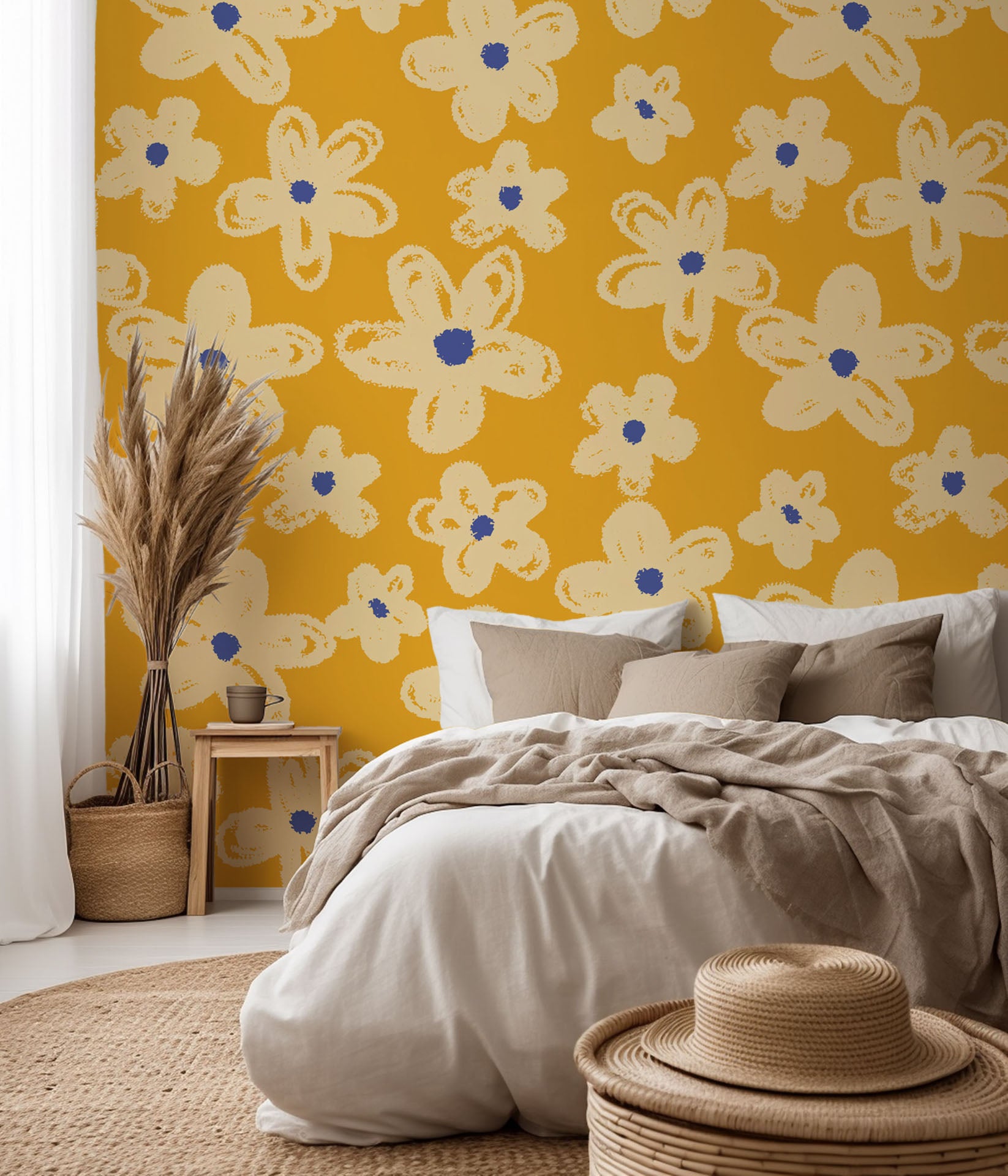 Whimsical ochre wallcovering featuring an off-white hand-drawn floral design—Cosmic Bloom
