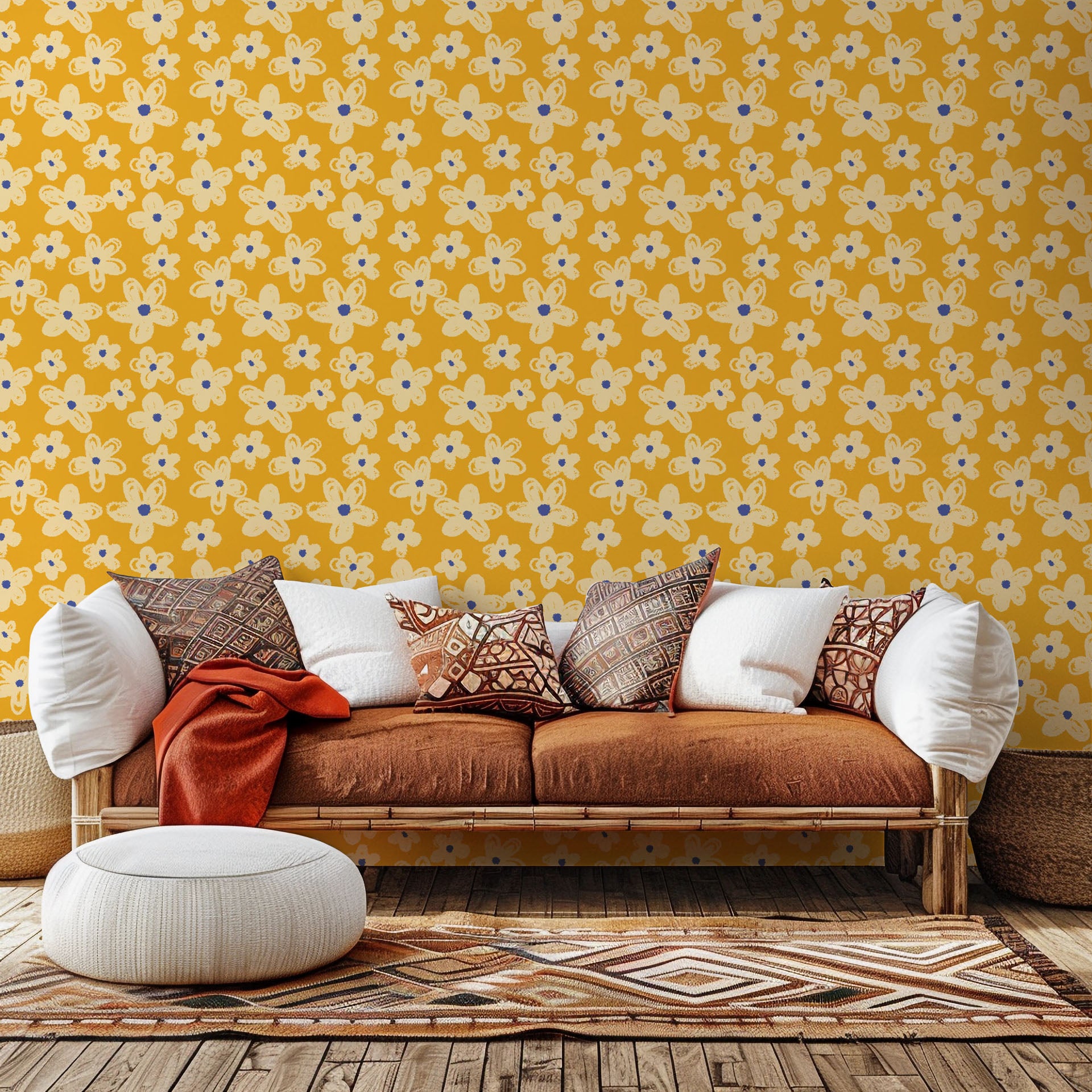 Whimsical floral motif in cream sketched onto a mustard yellow background, known as Cosmic Bloom