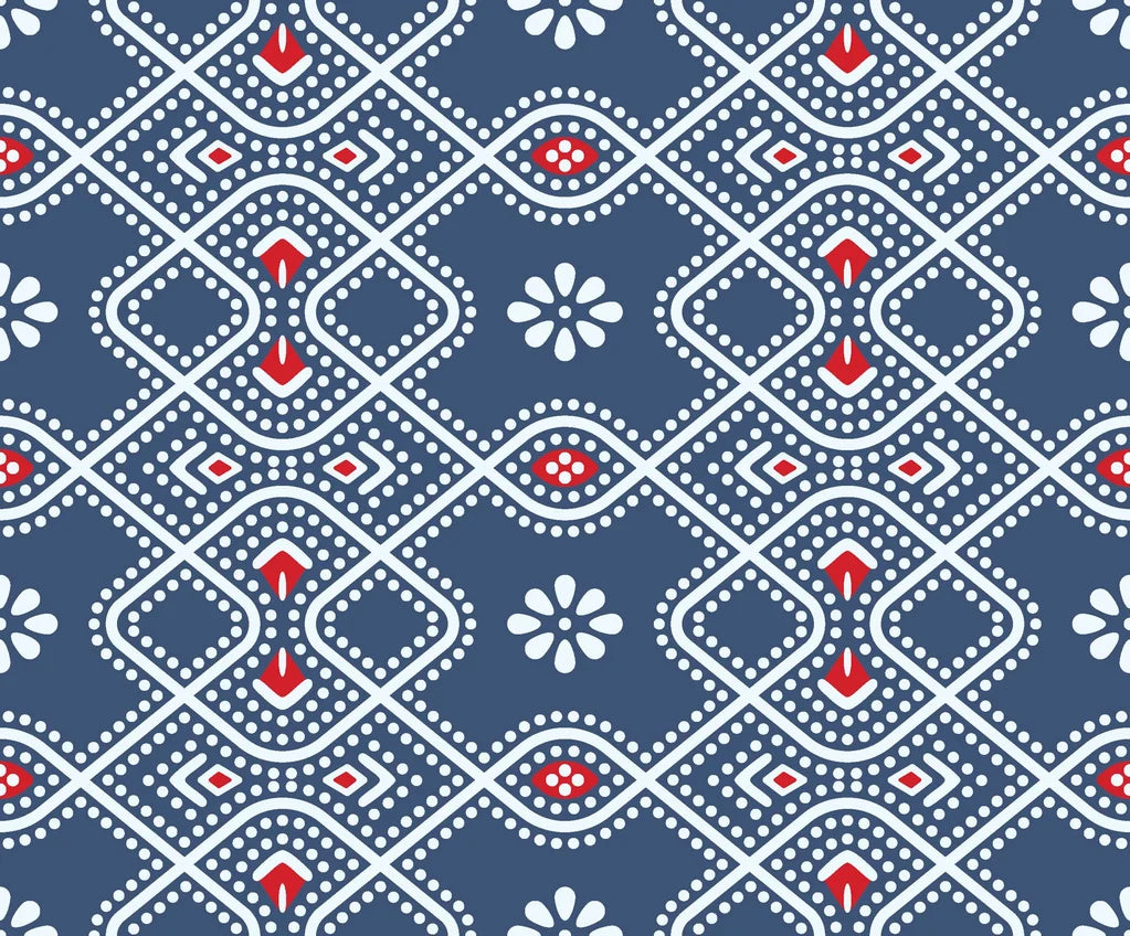 Cosmic Chain blue and red geometric dot bandhani wallpaper
