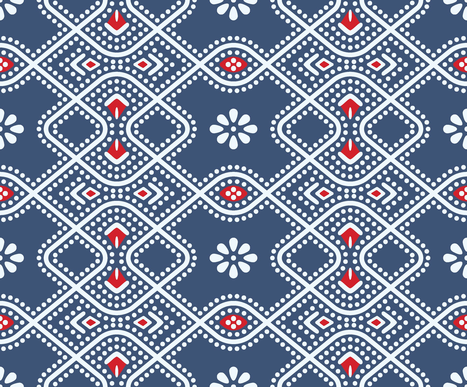 Wallpaper featuring red and navy geometric dotted pattern in the style of Bandhani tie-dye, named Cosmic Chain