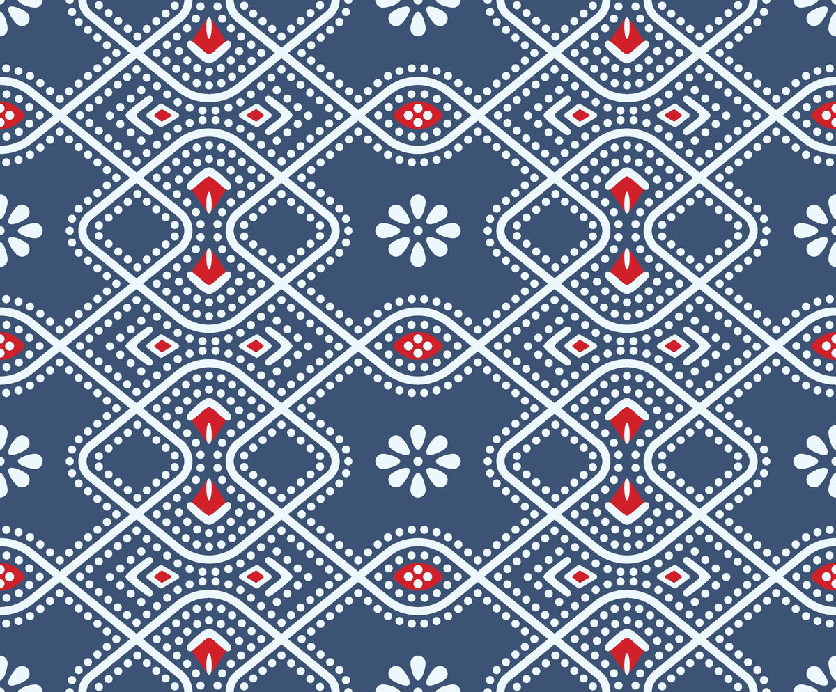 Cosmic Chain blue and red geometric dot bandhani wallpaper
