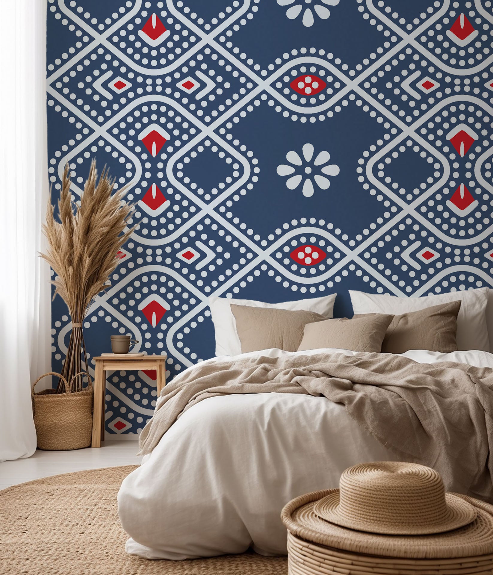 Navy blue and red geometric patterned dotted wallpaper in the Bandhani style, titled Cosmic Chain