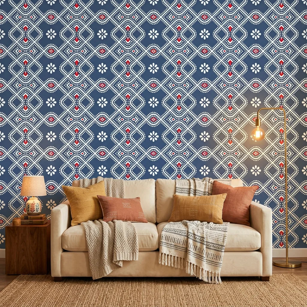 Cosmic Chain blue and red geometric dot bandhani wallpaper in a warm and inviting living room