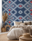 Navy blue and red geometric patterned dotted wallpaper in the Bandhani style, titled Cosmic Chain