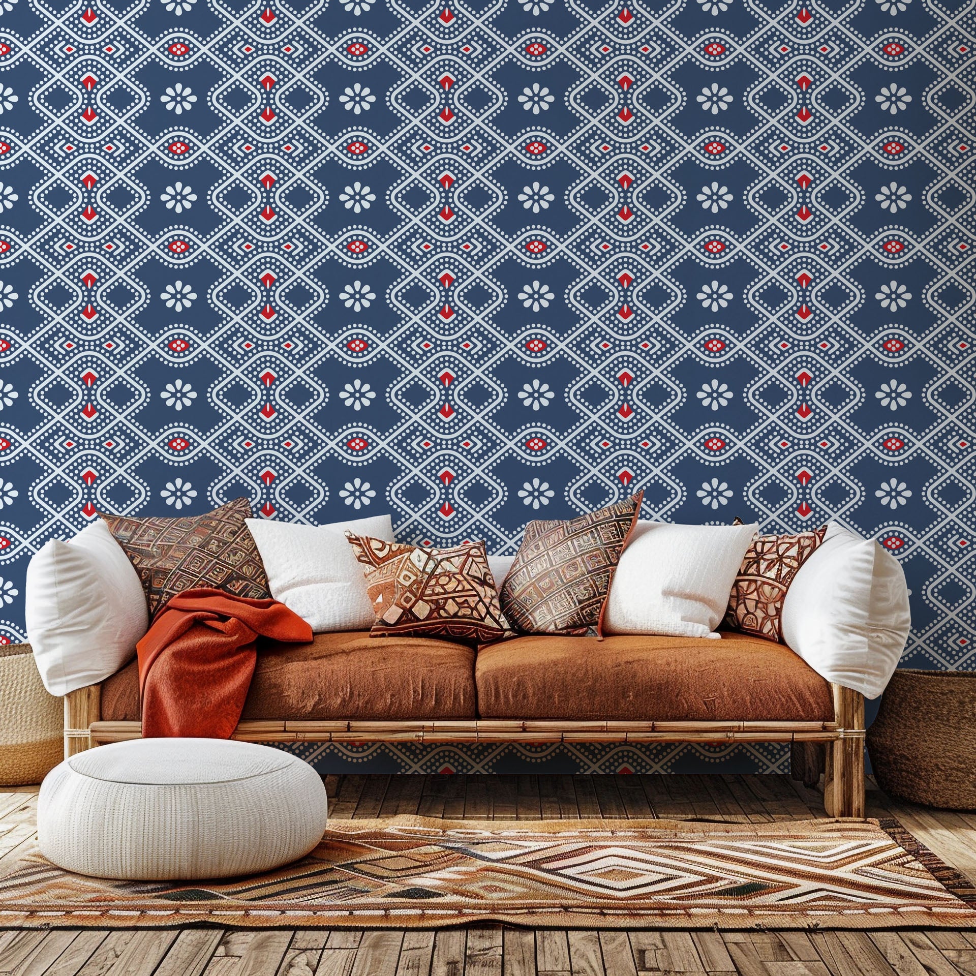 A wall covering in navy blue and red, featuring a Bandhani-style dotted geometric design, known as "Cosmic Chain"