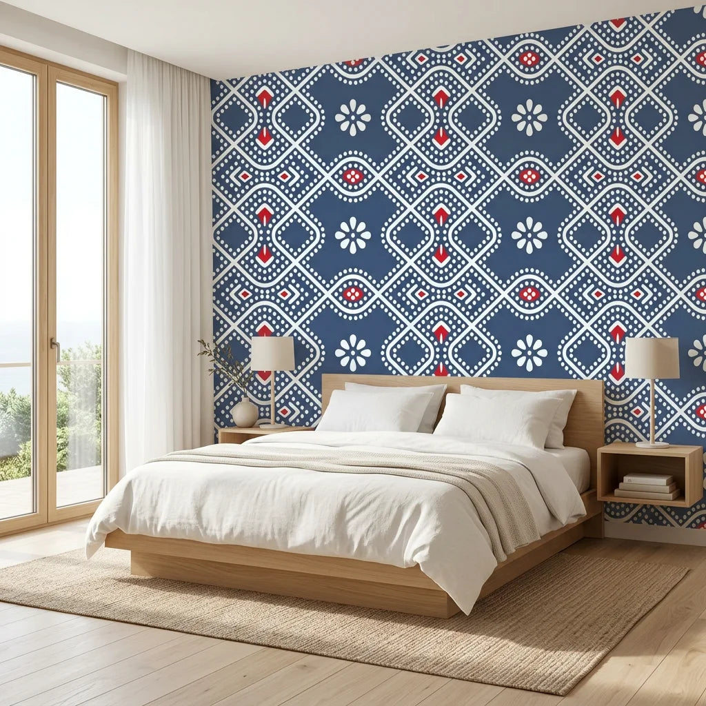 Cosmic Chain blue and red geometric dot bandhani wallpaper adding character to a cozy bedroom