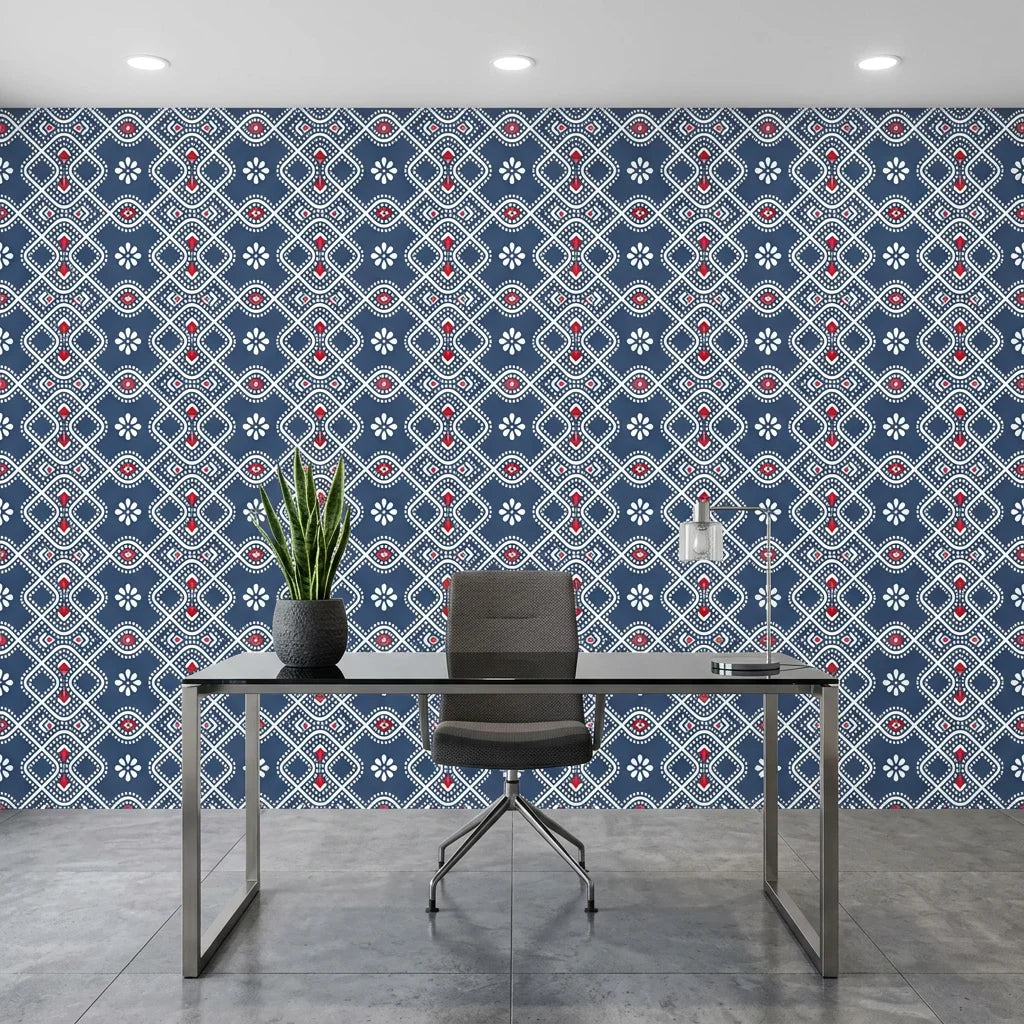 Cosmic Chain blue and red geometric dot bandhani wallpaper as a feature wall in a bright home office